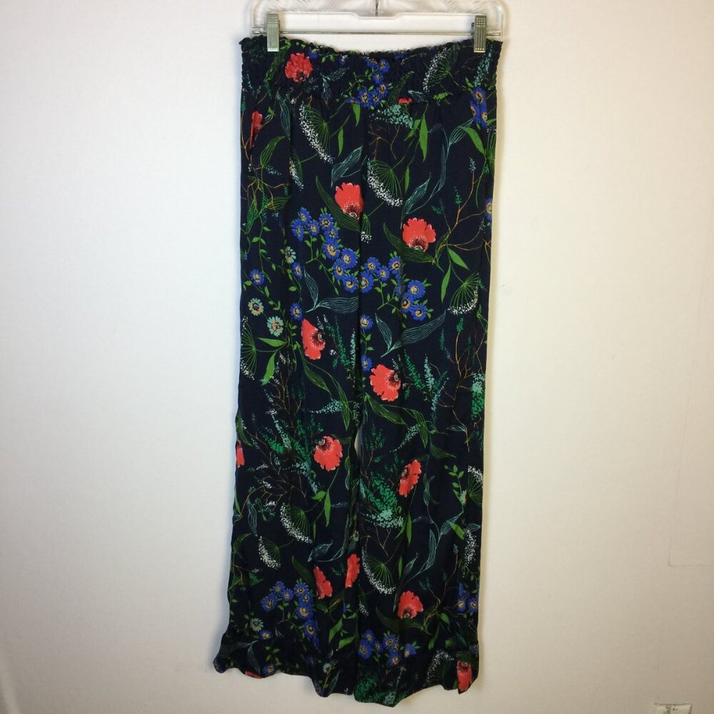 Aerie Pants Size M Womans Navy Blue Floral Print Smocked Waist Wide Leg Beach